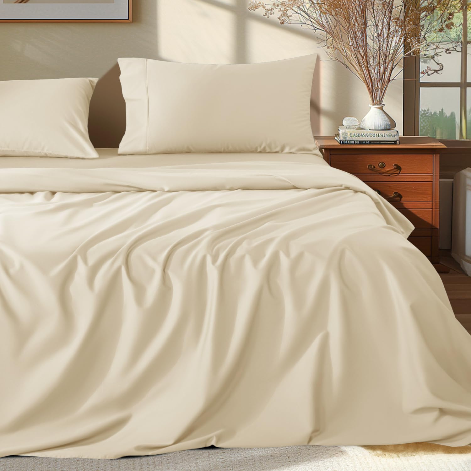Shilucheng 100% Egyptian Cotton Queen Size Sheets Set - 1000 Thread Count,Luxury Cotton Bed Sheets,Breathable & Cooling Bedding And Pillow Cases, 16 Inch Deep Pocket - 4 Piece (Beige, Queen)
